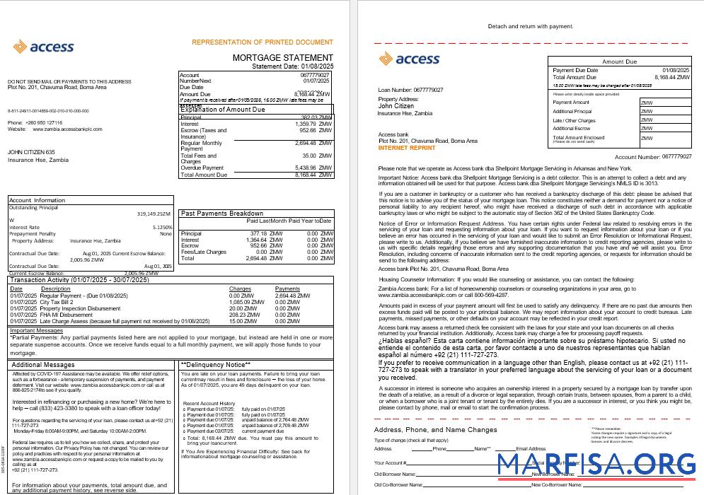 Downloadable Zambia Access bank mortgage statement in Word and PDF formats, 3 pages 1 2 example